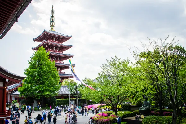 A pagoda rising above leafy trees and a busy temple garden