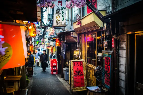 Glowing bar signs lining a narrow alley