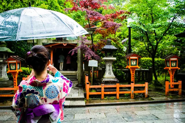 A person in a floral kimono holding a clear umbrella beside shrine lanterns