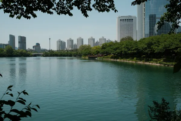 A tree-framed lake reflecting the city skyline