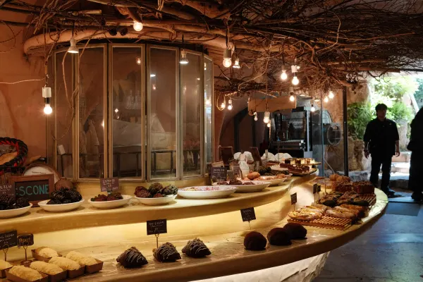A curved bakery counter beneath warm hanging lights and twisting branches