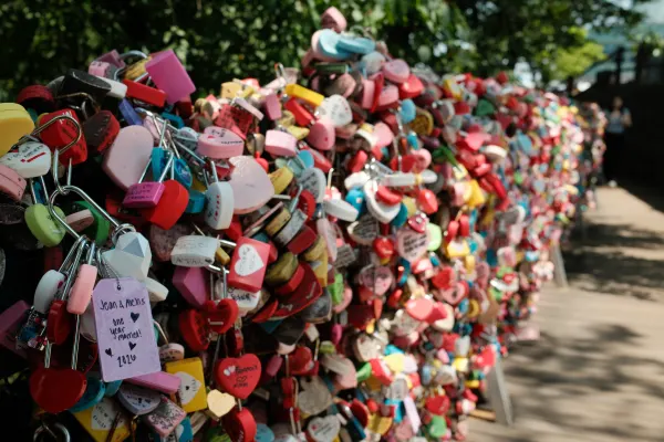 Rows of colourful padlocks hanging along a fence in dappled sunlight
