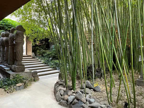 Bamboo and stone steps leading into a garden cafe