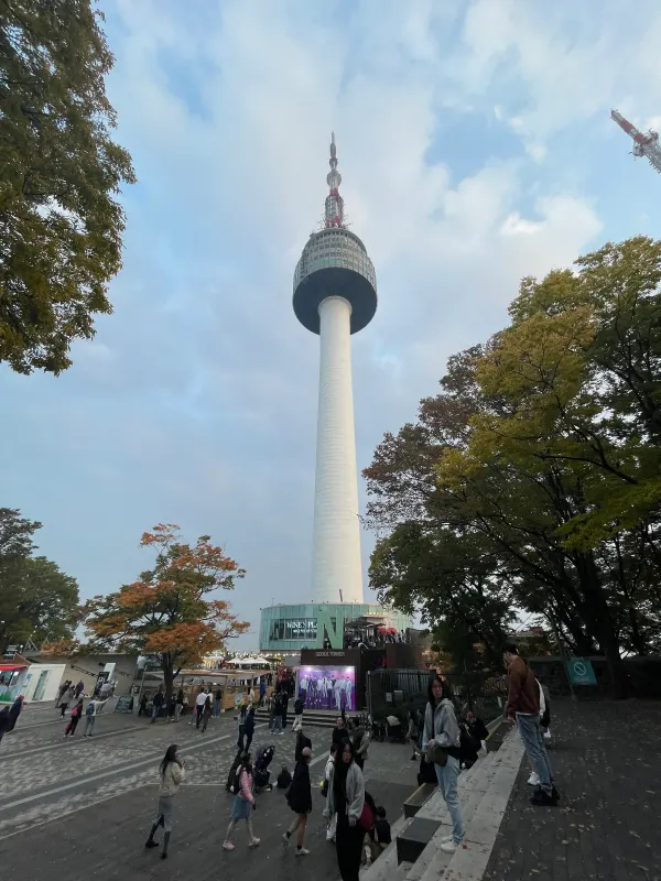 N Seoul Tower rising above trees and visitors on Namsan