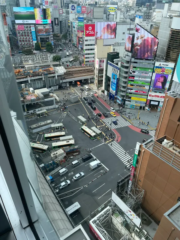 Traffic and pedestrians crossing the broad Shibuya intersection