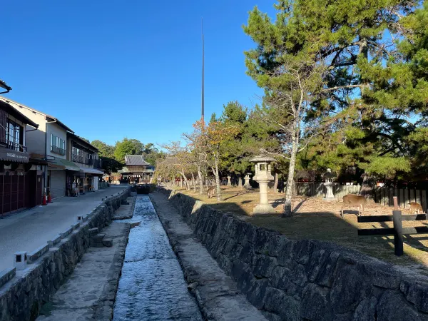 A narrow stone-lined waterway beside traditional houses