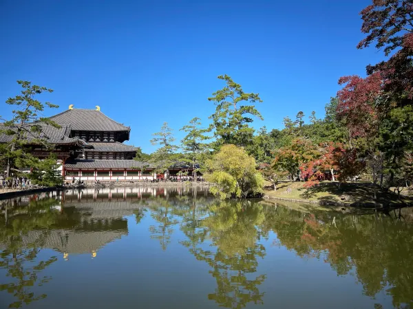 A large wooden temple reflected in a still pond