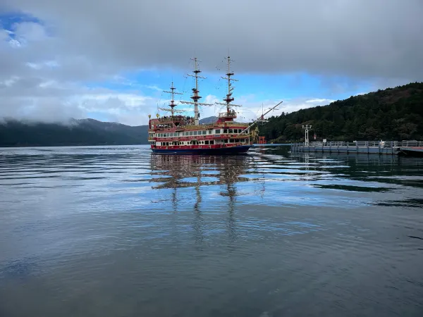 A sightseeing ship reflected in a misty lake