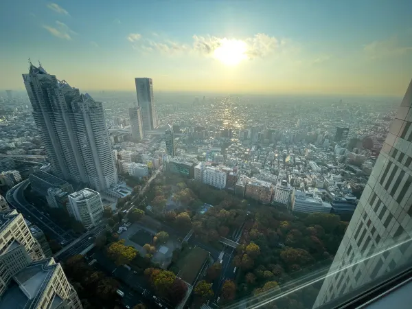 Sunlight breaking through haze over the Tokyo skyline