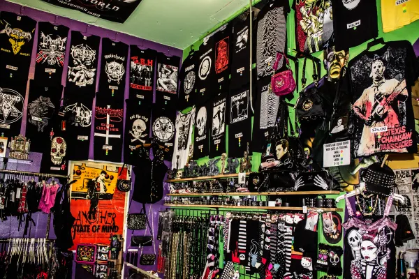 Colourful clothing and accessories filling a shop