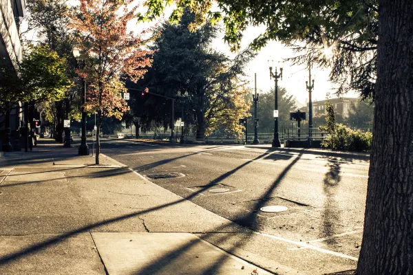 Warm afternoon sunlight and long streetlamp shadows across a Portland street