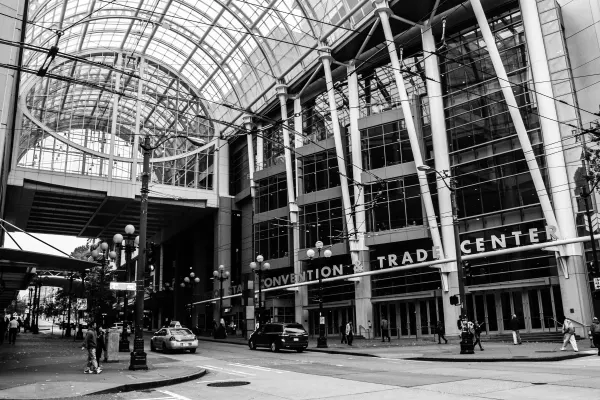 The glass-roofed entrance to the convention centre