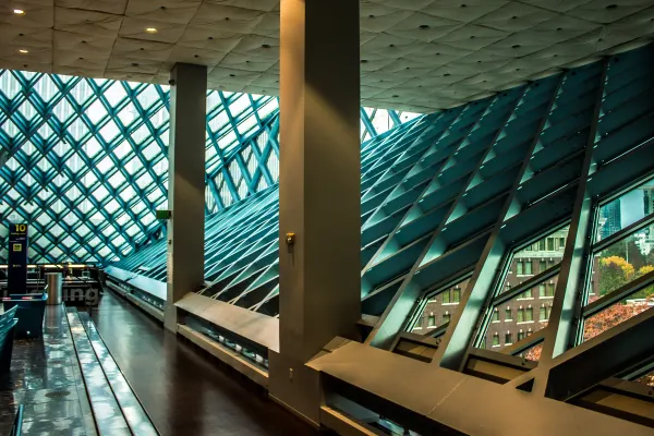 Angular glass walls inside Seattle Central Library