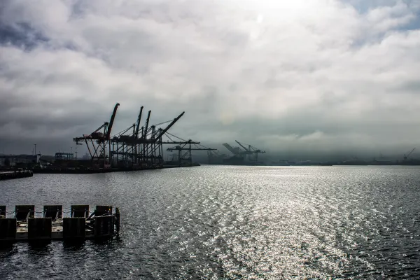 Port cranes silhouetted against light on the water