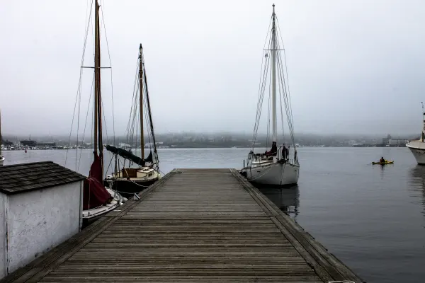 A wooden dock leading toward sailboats in the mist