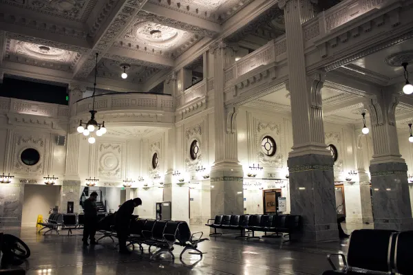 The ornate interior of a railway station