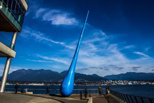 A blue droplet sculpture beside Vancouver harbour