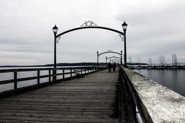 A long wooden pier beneath an overcast sky