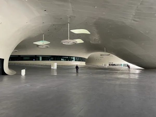 A lone visitor beneath the sweeping curved roof of a performing arts centre